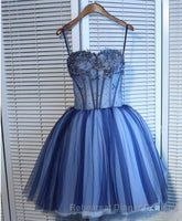 Charming Blue Lace Tule A Lin Short Semi Formal Prom Dress, Homecoming Dress
